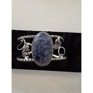 925 Sterling Silver Sodalite Peacock Cuff Bracelet Boho Statement Blue Stone